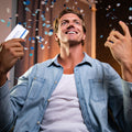 Enlightened guy that's happy holding Troscriptions product box with confetti