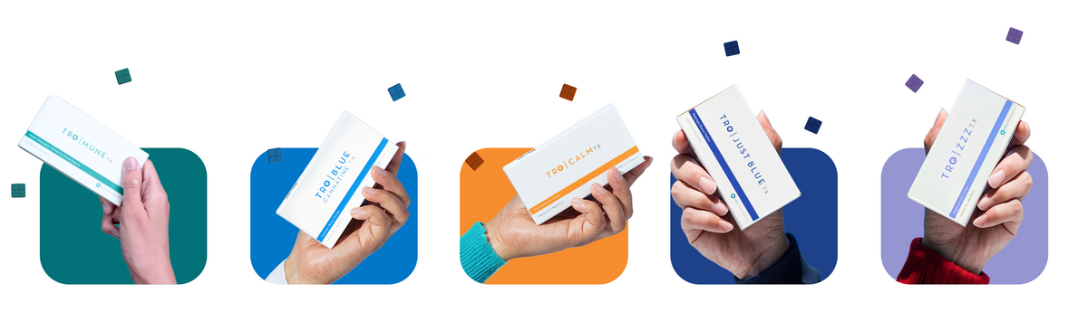 Five hands holding troscriptions boxes with different designs on a white background